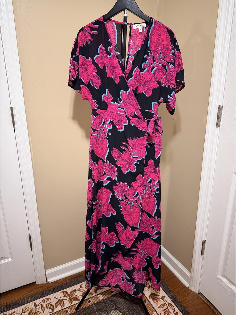 Monteau Floral Wrap Maxi Dress Black Pink Tropical Short Sleeve Women’s Small